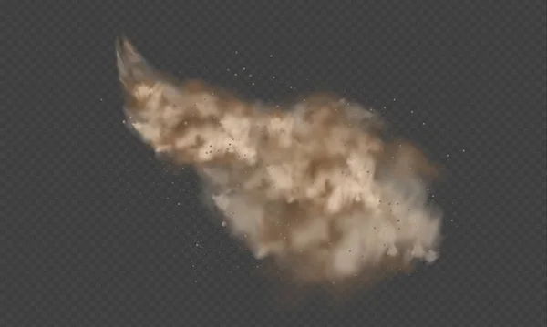 Výbuch prachu, písečná bouře, popáleniny prachu na průhledném pozadí. Pouštní vítr s oblakem prachu a písku. Realistický pouder pouště a kamenného vektoru ilustrace. — Stockový vektor