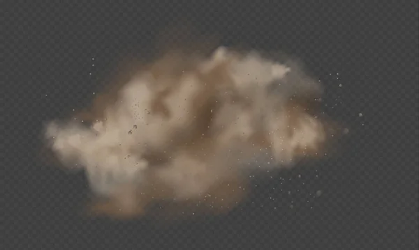 Damm explosion, sandstorm, pulver burs på transparent bakgrund. Ökenvind med moln av damm och sand. Realistisk pouder av öken och sten vektor illustration. — Stock vektor