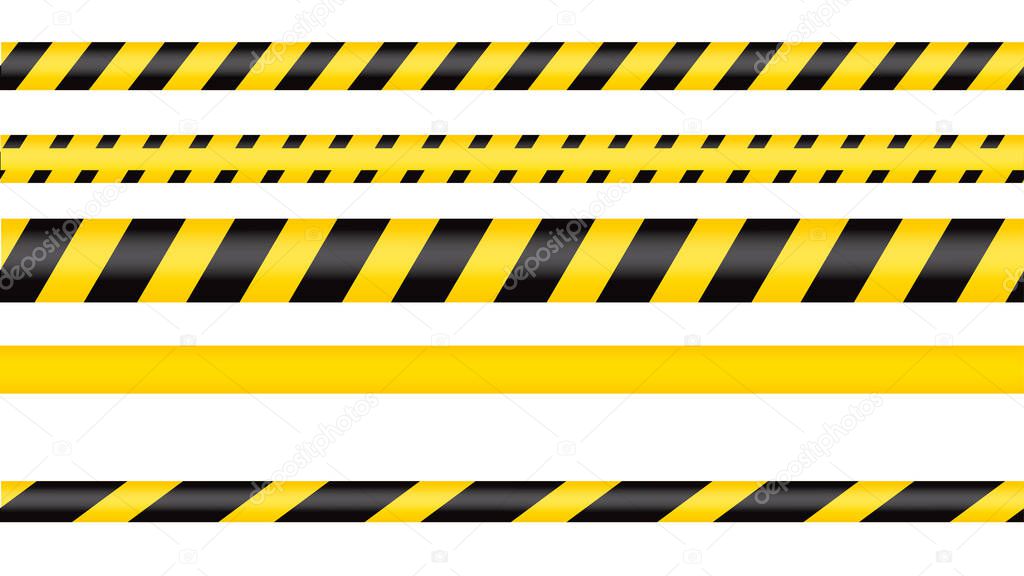 Police tape, crime danger line. Caution police lines isolated. Warning tapes. Set of yellow warning ribbons. Vector illustration on white background.