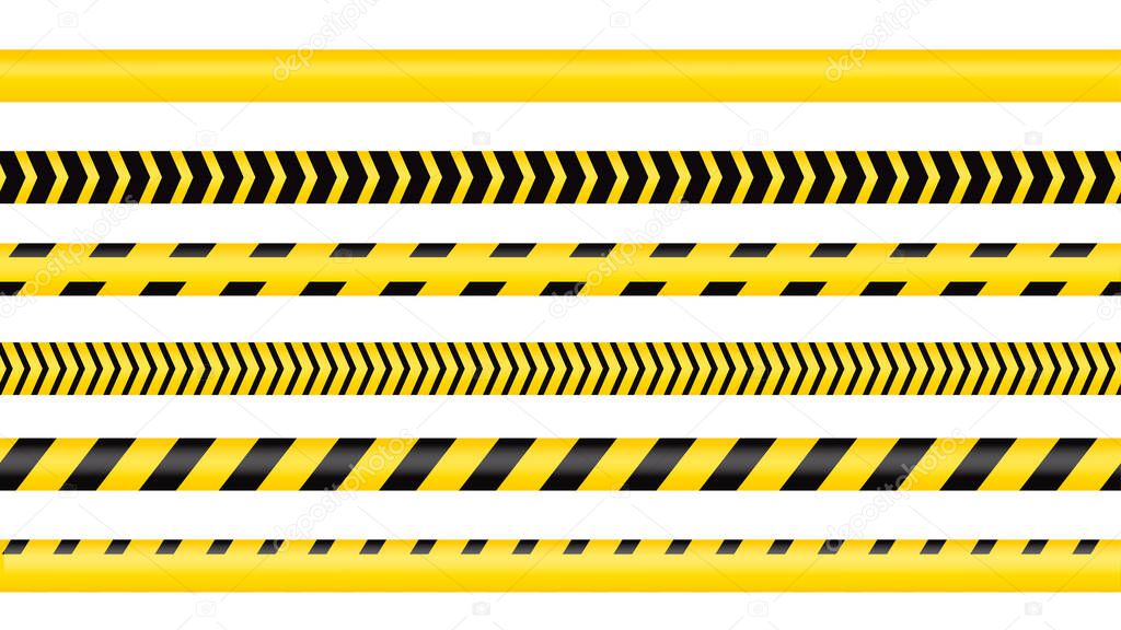 Police tape, crime danger line. Caution police lines isolated. Warning tapes. Set of yellow warning ribbons. Vector illustration on white background.