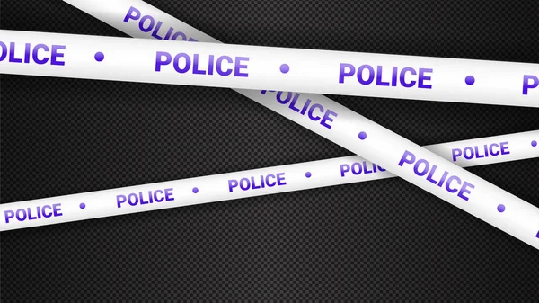 警察のテープ犯罪危険線 隔離された警察線に注意 警告テープだ 青い警告リボンのセット 暗い透明背景のベクトルイラスト — ストックベクタ