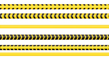 Polis bandı, suç tehlikesi hattı. Dikkat polis hatları izole edildi. Uyarı kasetleri. Sarı uyarı kurdeleleri. Beyaz arkaplanda vektör illüstrasyonu.