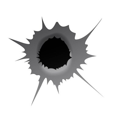 Beyaz arka planda kurşun deliği. Gerçekçi metal kurşun deliği, hasar etkisi. Vektör illüstrasyonu