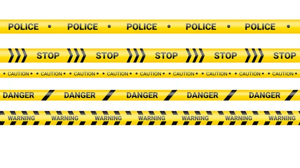 Politietape Gevarenlijn Voorzichtige Politielijnen Geïsoleerd Waarschuwingsbanden Een Set Gele Waarschuwingslinten — Stockvector