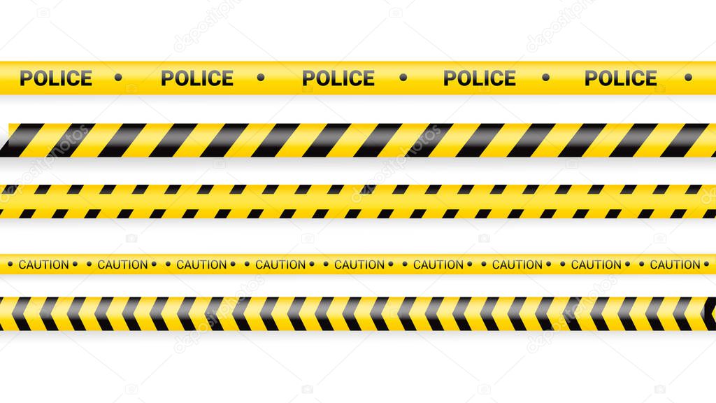 Police tape, crime danger line. Caution police lines isolated. Warning tapes. Set of yellow warning ribbons. Vector illustration on white background