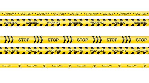 Ruban de police, ligne de danger criminel. Attention les lignes de police isolées. Des bandes d'avertissement. Ensemble de rubans d'avertissement jaunes. Illustration vectorielle sur fond blanc. — Image vectorielle