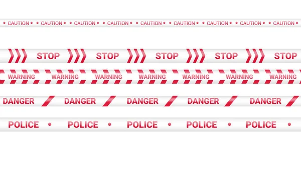 Red police tape, crime danger line. Caution police lines isolated. Warning tapes. Set of red warning ribbons. Vector illustration on white background. — Stock Vector