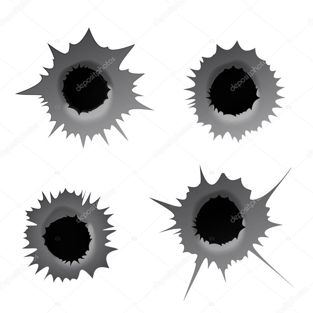 Bullet hole on white background. Realisic metal bullet hole, damage effect. Vector illustration.