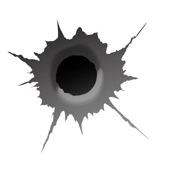 Buraco de bala no fundo branco. Buraco de bala metálico realista, efeito de dano. Ilustração vetorial . — Vetor de Stock