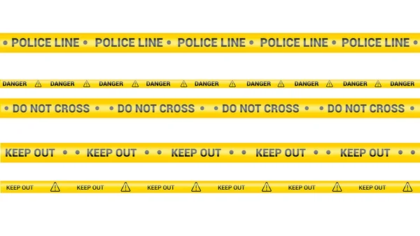警戒线，犯罪危险线警戒线隔离。保持在外面并警告磁带。一套黄色的警戒带。白色背景的矢量说明. — 图库矢量图片
