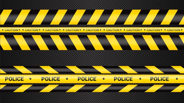 Polistejp, brottsfarlig linje. Försiktighet polisen linjer isolerade. Varningsband. Uppsättning gula varningsband. Vektor illustration på dack transparent bakgrund. — Stock vektor