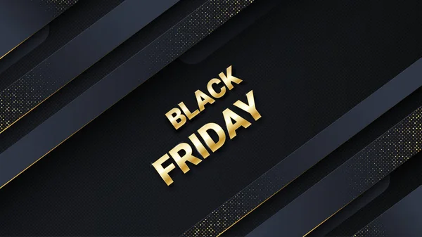 Black friday sale banner or poster on carbon luxury abstract background. Black friday commercial banner, 3d dynamic shapes and golden letters. Vector business illustration with black overlap layers — Stock Vector