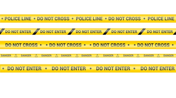 Fita da polícia, linha de perigo criminal. Cuidado com as linhas da polícia isoladas. Não atravesse fitas. Conjunto de fitas de aviso amarelas. Ilustração vetorial sobre fundo branco . — Vetor de Stock