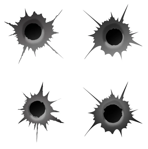 Buraco de bala no fundo branco. Conjunto de buraco de bala metálica, efeito de dano. Ilustração vetorial . — Vetor de Stock