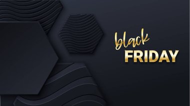 Kara Cuma bayrağı ya da siyah bal peteği seramikleri olan poster. Kara Cuma ticari afişi, 3 boyutlu şekiller ve altın harfler. Altıgen geometri kalıbı. Modern kapak, reklam afişi ve web için bal peteğinin en az siyah arkaplanı