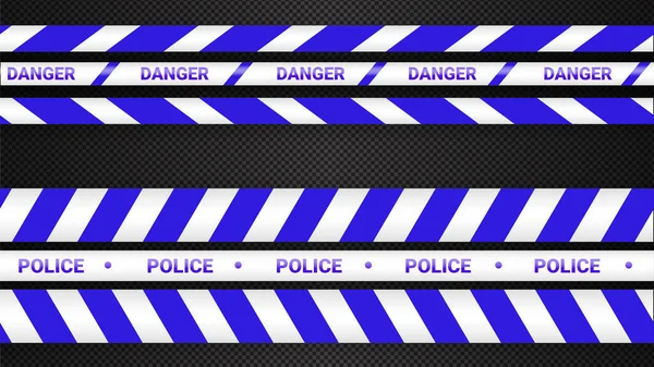 警戒线 犯罪危险线警戒线隔离 警告磁带 一套蓝色的警戒带黑暗透明背景下的矢量说明 — 图库矢量图片