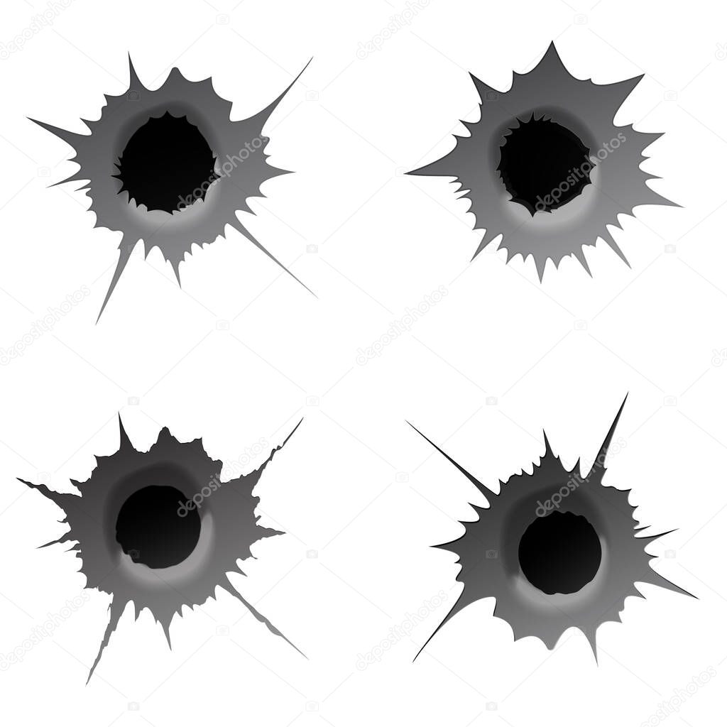 Bullet hole on white background. Set of realisic metal bullet hole, damage effect. Vector illustration