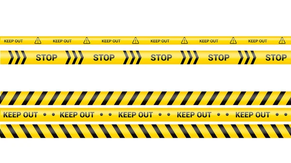 警察のテープ犯罪危険線 隔離された警察線に注意 警告はテープを出すな 黄色の警告リボンのセット 白い背景のベクトルイラスト — ストックベクタ