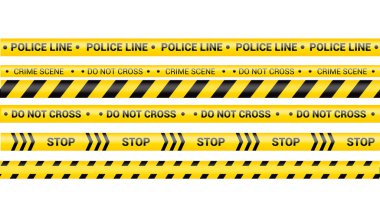 Police tape, crime danger line. Caution police lines isolated. Warning crime scene tapes. Set of yellow warning ribbons. Vector illustration on white background clipart