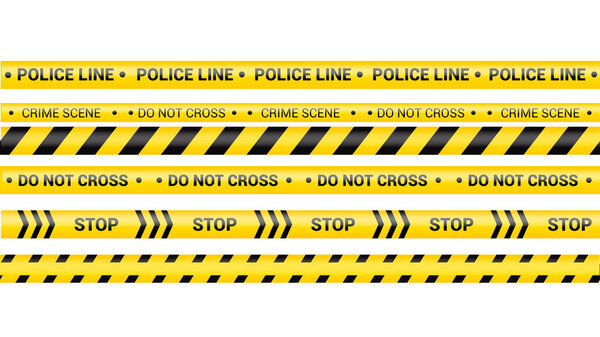 Police tape, crime danger line. Caution police lines isolated. Warning crime scene tapes. Set of yellow warning ribbons. Vector illustration on white background
