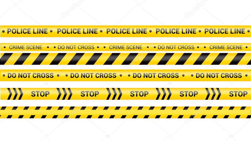 Police tape, crime danger line. Caution police lines isolated. Warning crime scene tapes. Set of yellow warning ribbons. Vector illustration on white background