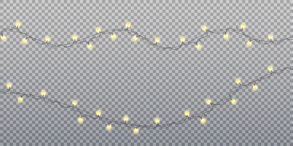透明な背景に孤立したゴールドガーランド球根 クリスマスライト クリスマス休暇カード バナー ポスター ウェブデザインのための金のガーランドを耕す ベクターイラスト — ストックベクタ