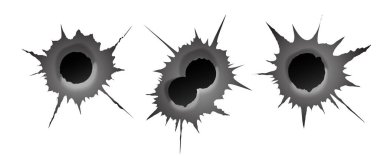 Beyaz arka planda kurşun deliği. Gerçekçi metal, tek ve çift kurşun deliği, hasar etkisi. Vektör illüstrasyonu.