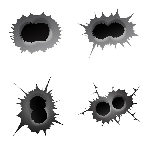 Bala doble agujero sobre fondo blanco. conjunto de doble agujero de bala de metal real, efecto de daño. Ilustración vectorial. — Archivo Imágenes Vectoriales