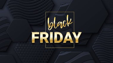 Kara Cuma bayrağı ya da siyah bal peteği seramikleri olan poster. Kara Cuma ticari afişi, 3 boyutlu şekiller ve altın harfler. Altıgen geometri kalıbı. Modern için bal peteğinin en az siyah arkaplanı