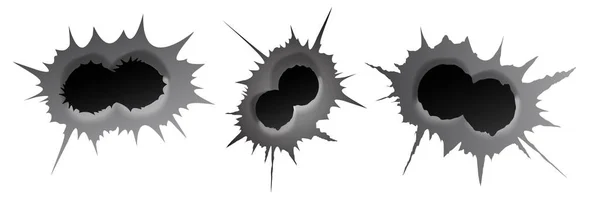 Buraco duplo de bala no fundo branco. conjunto de buraco de bala de metal duplo realisic, efeito de dano. Ilustração vetorial . — Vetor de Stock