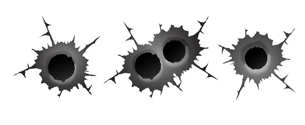 Bullet hole on white background. Realisic metal single and double bullet hole, damage effect. Vector illustration. — Stock Vector