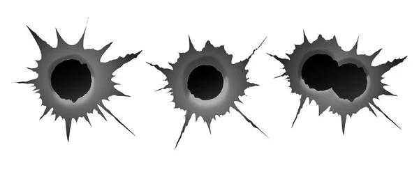 Buraco de bala no fundo branco. Metal realístico único e duplo buraco de bala, efeito de dano. Ilustração vetorial . — Vetor de Stock