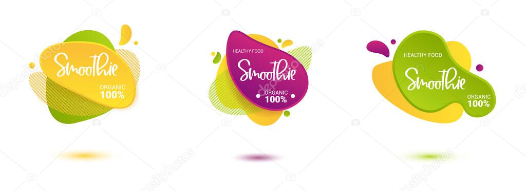 Set of smoothie vector label. Bright and shine stickers, labels, tags and banners for smoothie. For badges of fresh market, detox, farmers market, eco shop, smoothies drinks, juice cafe, green bar