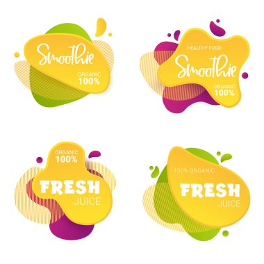 Süslü meyve suyu ve meyve püresi etiketi. Smoothie için parlak ve parlak çıkartmalar, etiketler, etiketler ve afişler. Taze pazar, detoks, çiftçi pazarı, eko dükkanı, meyve suyu içecekleri, meyve suyu kafesi, yeşil bar için.
