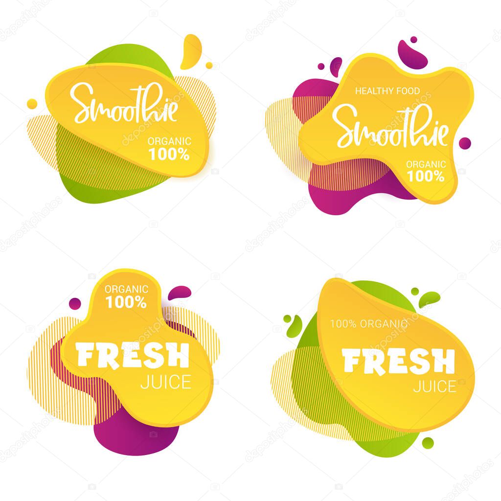 Set of frash and smoothie vector label. Bright and shine stickers, labels, tags and banners for smoothie. For badges of fresh market, detox, farmers market, eco shop, smoothies drinks, juice cafe, green bar