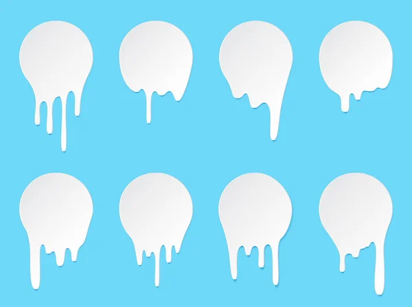 Melt drip stickers or circle milk labels. Vector liquid drops icons for graffiti blob stickers. White liquid or melted chocolate drips, milk, current paint. — Stock Vector