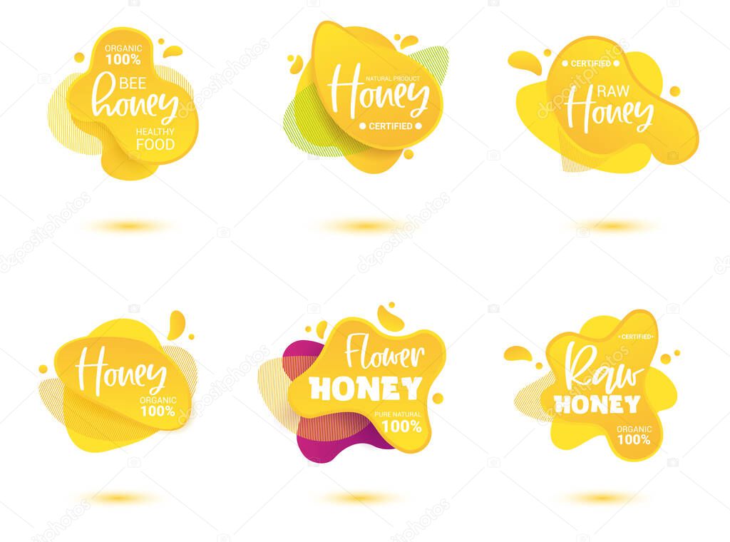 Set of bright honey vector label. Bright and shine stickers, labels, tags and banners for honey product. For badges and tags of fresh market, farmers market, eco shop, green bar, beekeeper