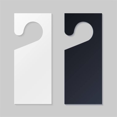 Otel odası için kapı askıları. Otel odası ya da tatil köyü için boş beyaz ve siyah etiket askısı. Boş şablon, metin için maket düzenleme. Promosyon, satış, dekorasyon ve kaplama için vektör illüstrasyonu.