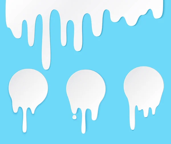 Faire fondre et encercler les étiquettes de lait. Ensemble vectoriel gouttes liquides icônes pour autocollants blob graffiti. Gouttes de chocolat liquide ou fondu blanc, lait, peinture courante. — Image vectorielle