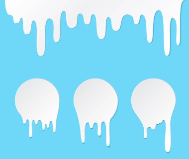 Erit ve süt etiketlerini daire içine al. Vektör, graffiti damlaları çıkartmaları için sıvı damlalar koydu. Beyaz sıvı ya da erimiş çikolata damlaları, süt, güncel boya.