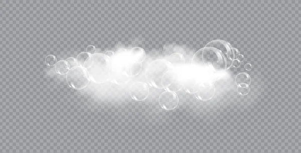 Sabun mandi dengan gelembung mengisolasi ilustrasi vektor pada latar belakang transparan. Ilustrasi vektor busa sabun dan sampo. - Stok Vektor