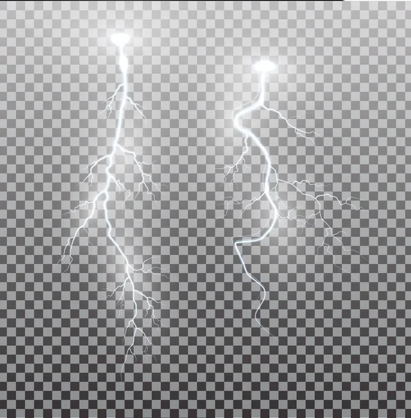 白い現実的な雷。透明な背景に雷が光を放つ。雷と多くの火花の幻想的なパス。明るい曲線. — ストックベクタ