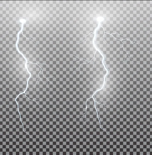 White realistic lightning. Thunder spark light on transparent background. Illuminated realistic path of thunder and many sparks. Bright curved line. — Stock Vector