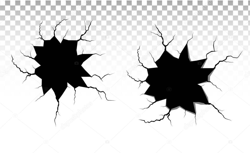 Ground cracks set. Earthquake and ground cracks, hole effect, craquelure and damaged wall texture. Vector illustrations can be used for topics earthquake, crash, destruction.