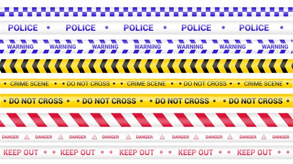 Police tape, crime danger line. Caution police lines isolated. Warning barricade tapes. Set of warning ribbons. Vector illustration on white background. — Stock Vector