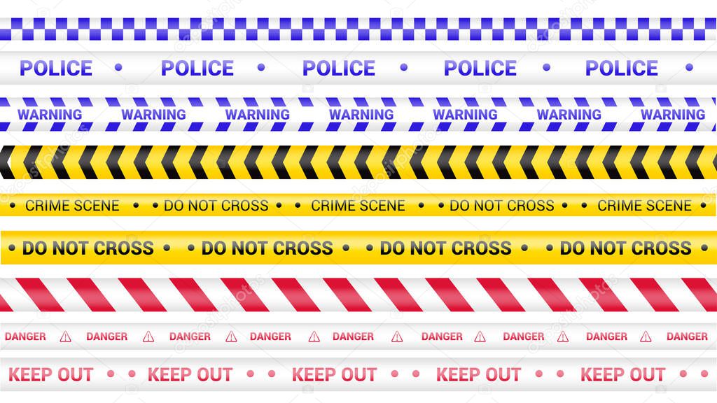 Police tape, crime danger line. Caution police lines isolated. Warning barricade tapes. Set of warning ribbons. Vector illustration on white background.