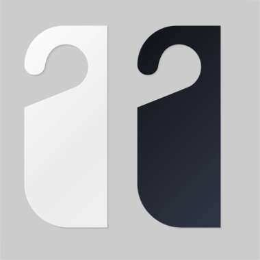 Otel odası için kapı askıları. Otel odası ya da tatil köyü için boş beyaz ve siyah etiket askısı. Boş şablon, metin için maket rahatsız etmeyin. Promosyon, satış, dekorasyon ve kaplama için vektör illüstrasyonu