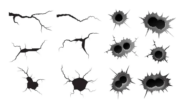 Mermi deliği ve zemin çatlakları kuruldu. Metal tek ve çift kurşun deliği, hasar etkisi. Deprem ve zemin çatlakları, Craquelure ve hasarlı duvar dokusu. Deprem konuları için vektör çizimleri