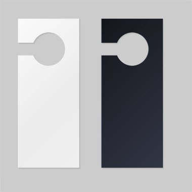 Otel odası için kapı askıları. Otel odası ya da tatil köyü için boş beyaz ve siyah etiket askısı. Boş şablon, metin için maket rahatsız etmeyin. Promosyon, satış, dekorasyon ve kaplama için vektör illüstrasyonu