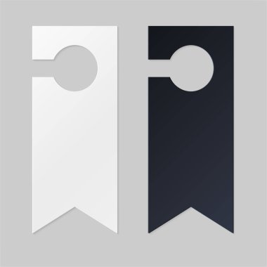 Otel odası için kapı askıları. Otel odası ya da tatil köyü için boş beyaz ve siyah etiket askısı. Boş şablon, metin için maket rahatsız etmeyin. Promosyon, satış, dekorasyon ve kaplama için vektör illüstrasyonu